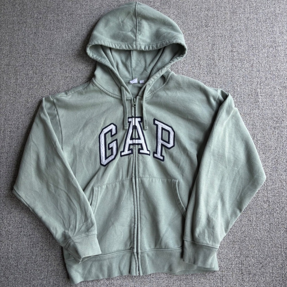 GAP Hoodie Unisex M Logo Zip Up Sage Green Fleece Applique Excellent
